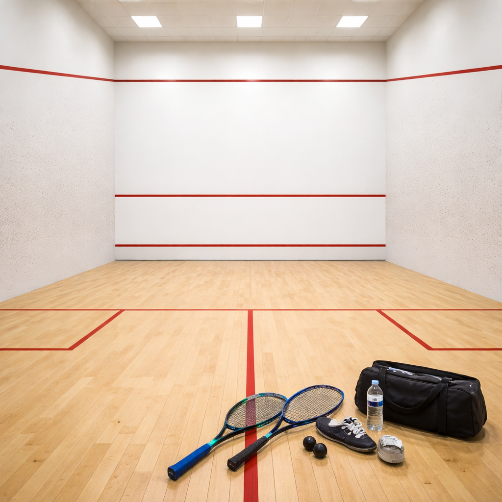indoor squash court construction with wooden flooring and glass back wall by YNextGen