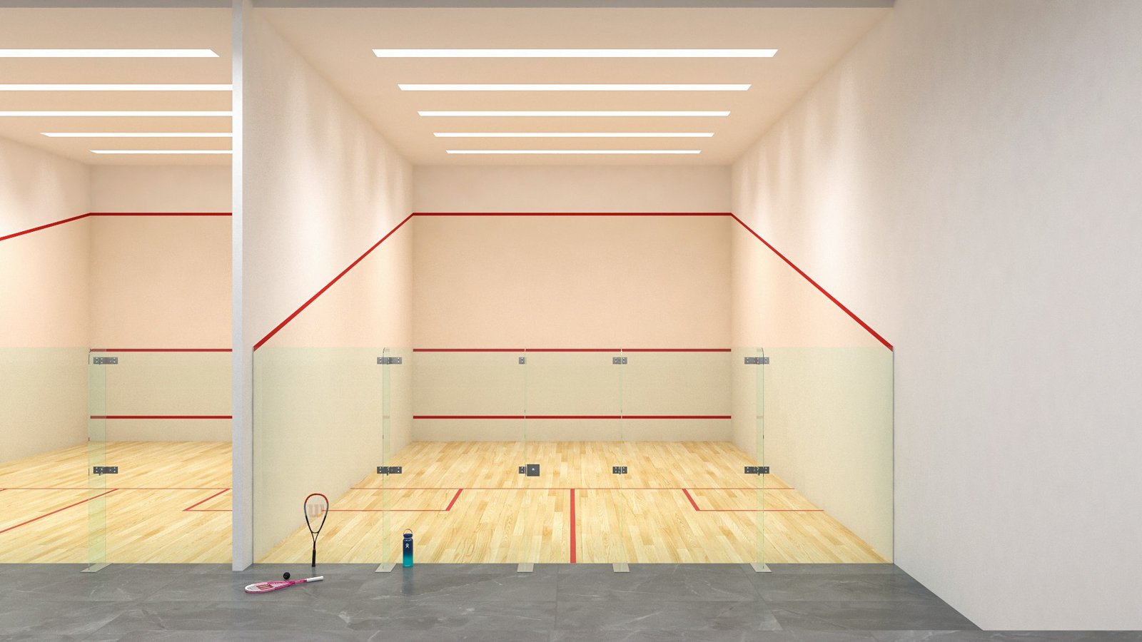 Indoor squash court with wooden flooring and standard wall markings