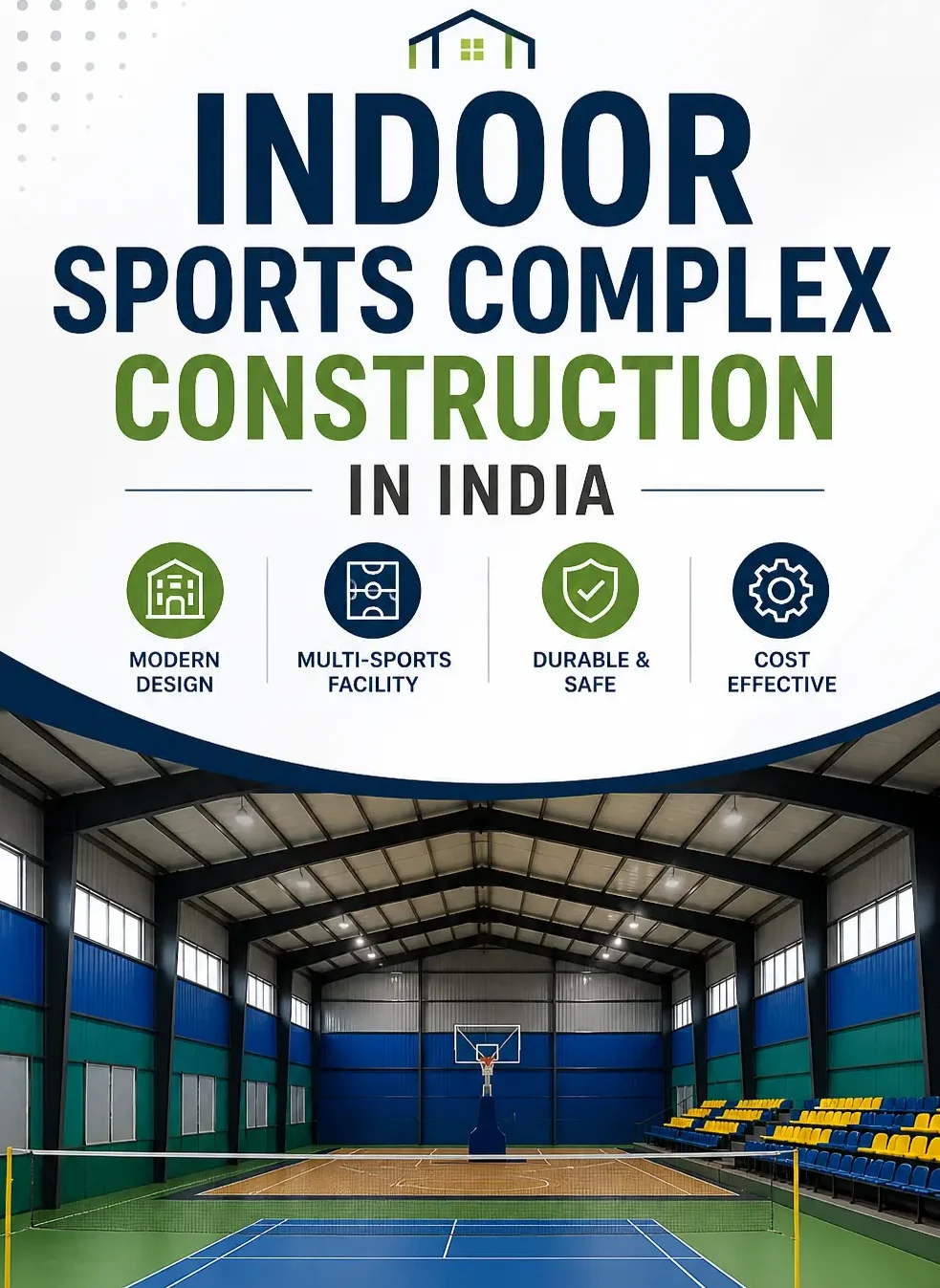 Modern indoor sports complex construction with multi-sports court facility by YNextGen Sports Infra India