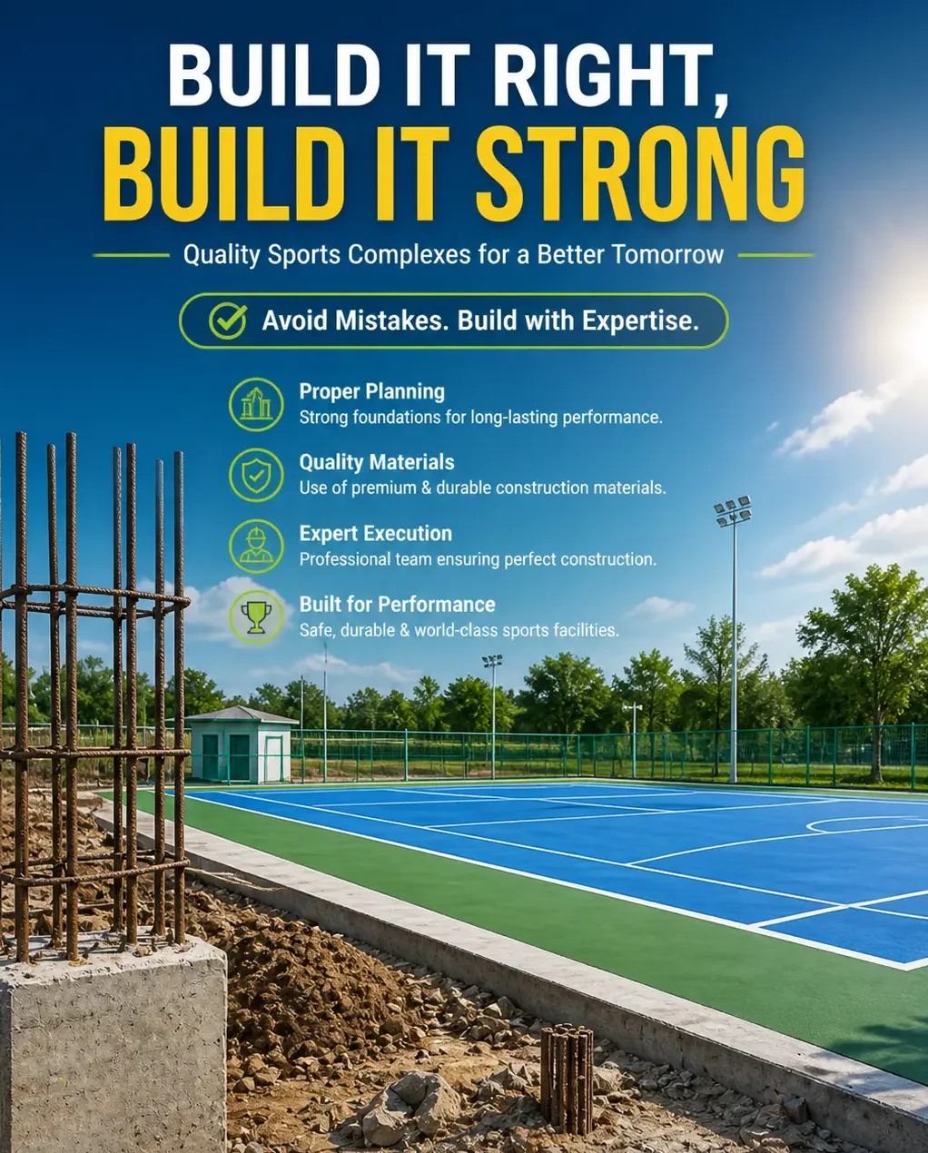 Sports complex construction with professional court flooring and infrastructure development by YNextGen Sports Infra