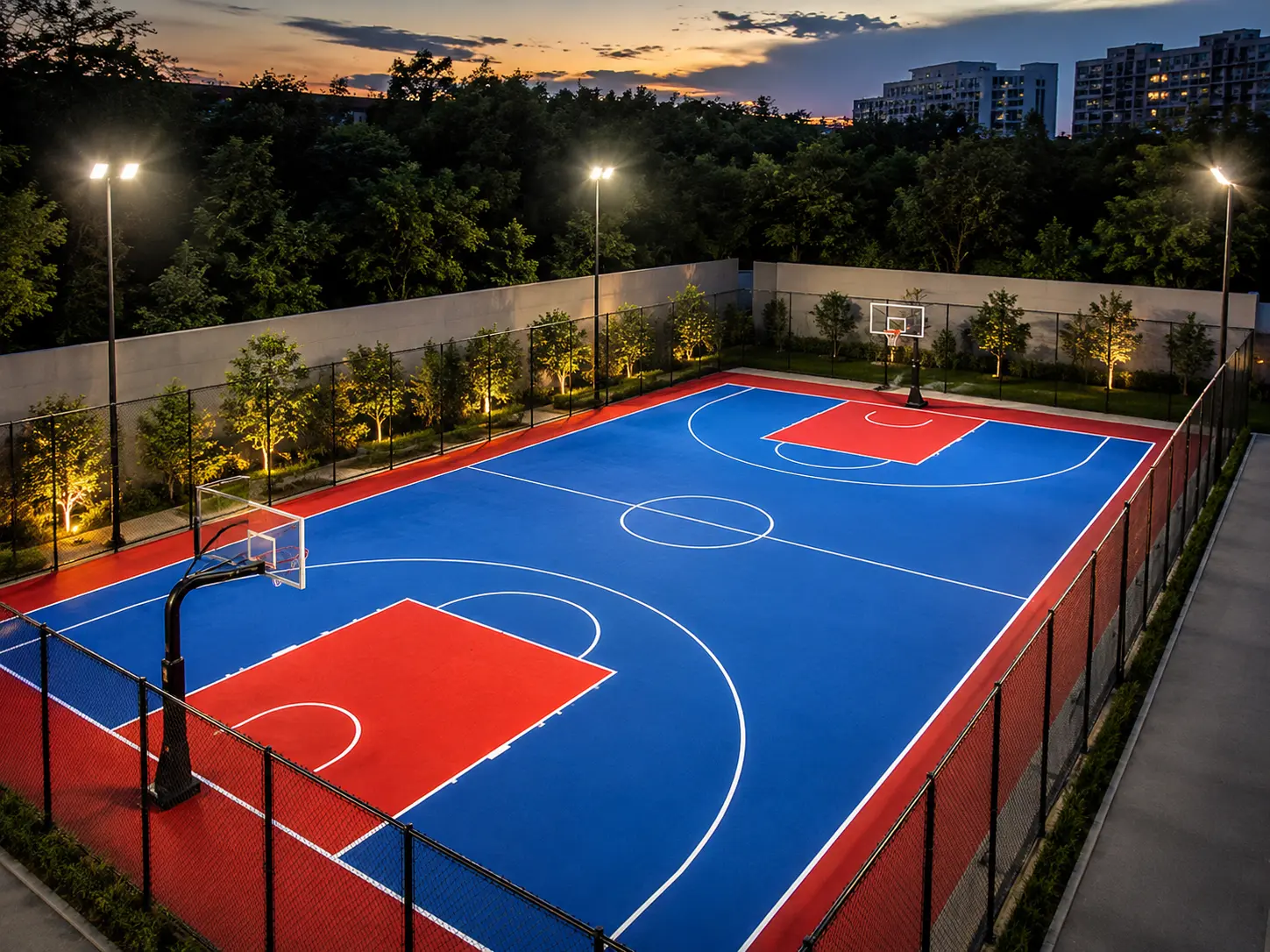Premium outdoor basketball court with acrylic sports flooring, professional basketball hoops, perimeter fencing, and LED floodlights for day and night play.