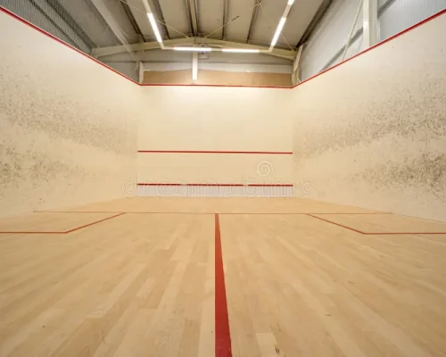 Indoor squash court construction with wooden flooring and professional court markings