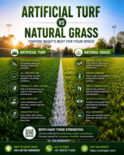 Artificial turf vs natural grass comparison infographic showing benefits, durability, maintenance, and sports field applications