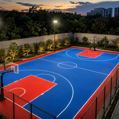 Premium outdoor basketball court with acrylic sports flooring, professional basketball hoops, perimeter fencing, and LED floodlights for day and night play.