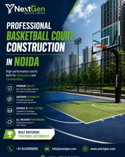 Professional basketball court construction in Noida by YNextGen Private Limited featuring outdoor synthetic sports flooring and premium basketball hoop setup.