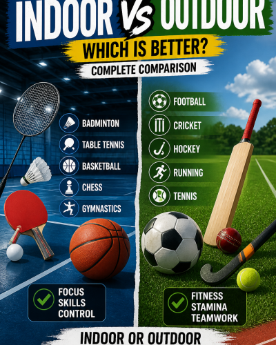 Indoor vs outdoor sports comparison showing benefits of badminton, basketball, football, cricket, tennis, and fitness activities