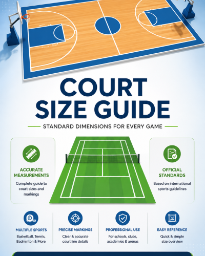 Sports court size guide with standard dimensions and measurements for basketball, tennis, badminton, and multi-sports courts