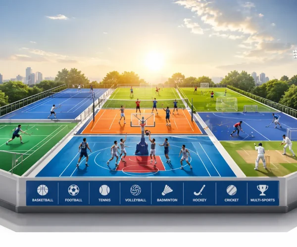 Multi-sports court construction with basketball, football, tennis, volleyball, badminton, hockey and cricket facilities by YNextGen Sports Infra