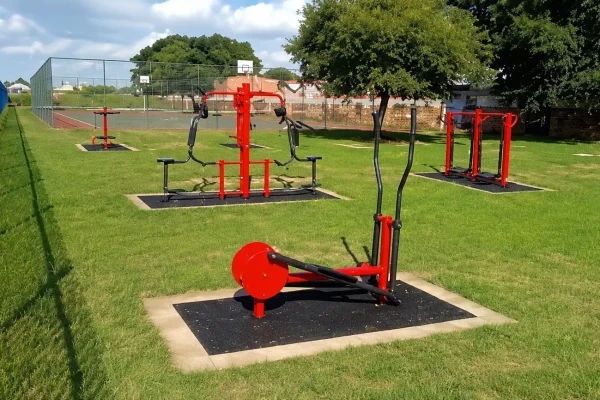 Outdoor gym construction with modern fitness equipment for parks, schools, residential societies, and public workout spaces.
