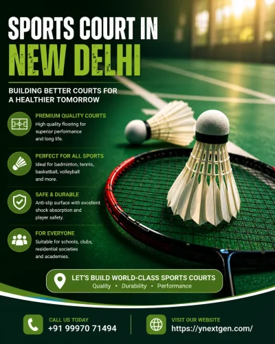 Professional sports court construction in New Delhi for badminton, basketball, tennis, and volleyball by YNextGen Sports Infra