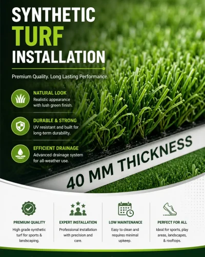 40mm synthetic turf installation for sports fields and landscaping with durable artificial grass by YNextGen Sports Infra